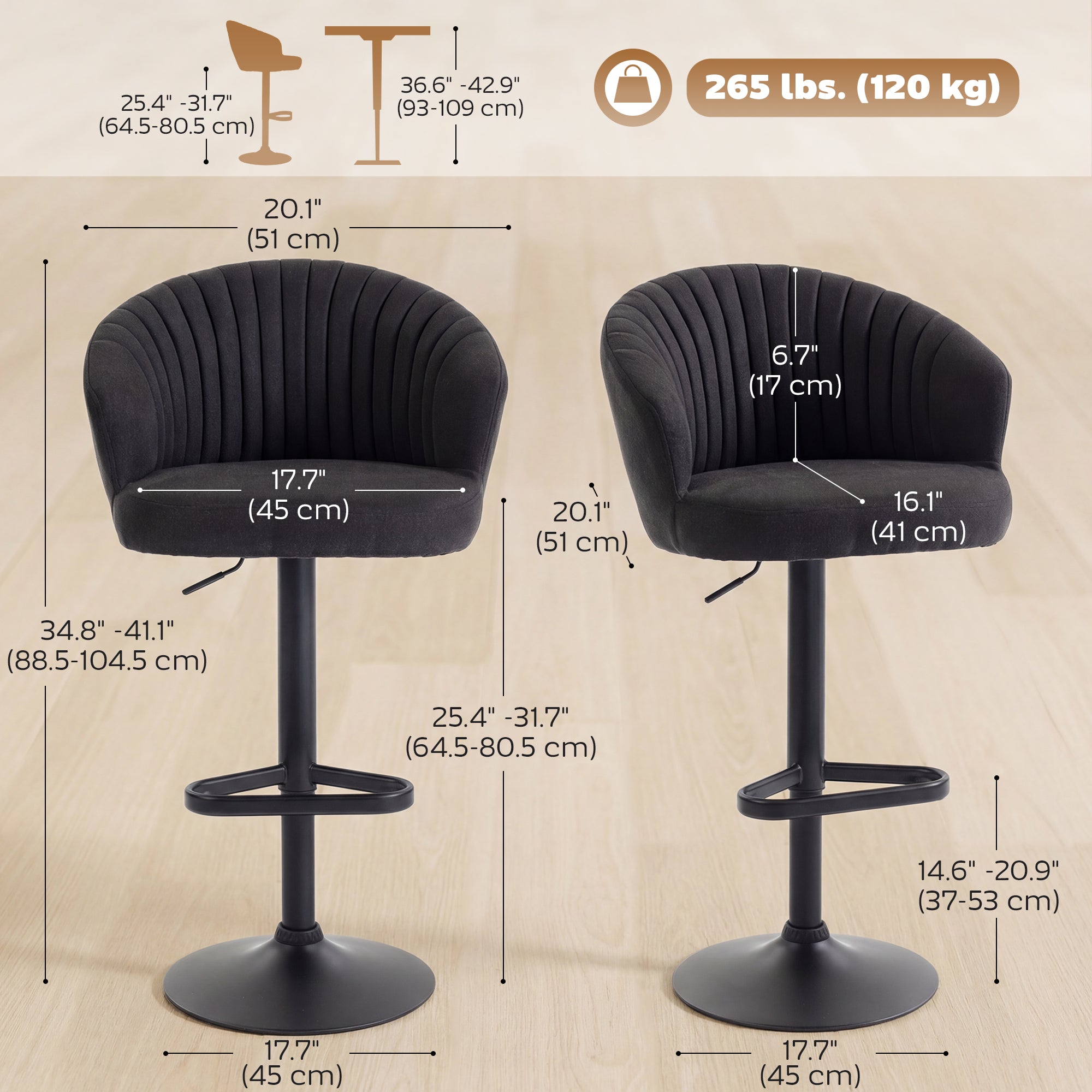 Adjustable Bar Stools Set of 2, Upholstered Kitchen Stools with Swivel Seat, Steel Frame, Footrest, â€ŽBlack