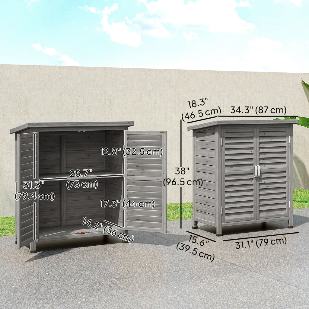 Wooden Garden Storage Shed Kit Wood Garage Tool Organisation Cabinet with 2 Door , 34" x 18" x 38", Grey