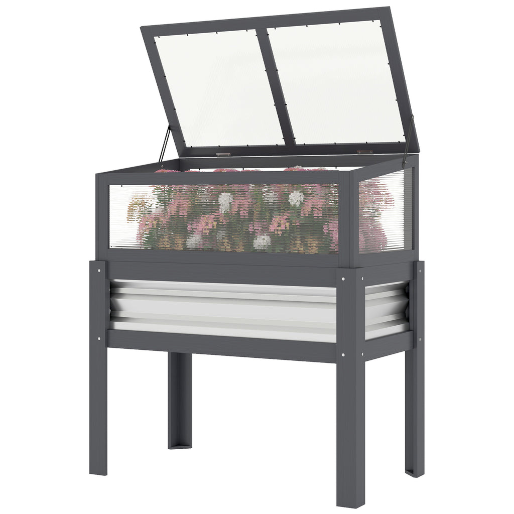 Raised Garden Bed with Flip-Up Greenhouse Top, Wooden Elevated Planter Box with Legs and Liner, Grey