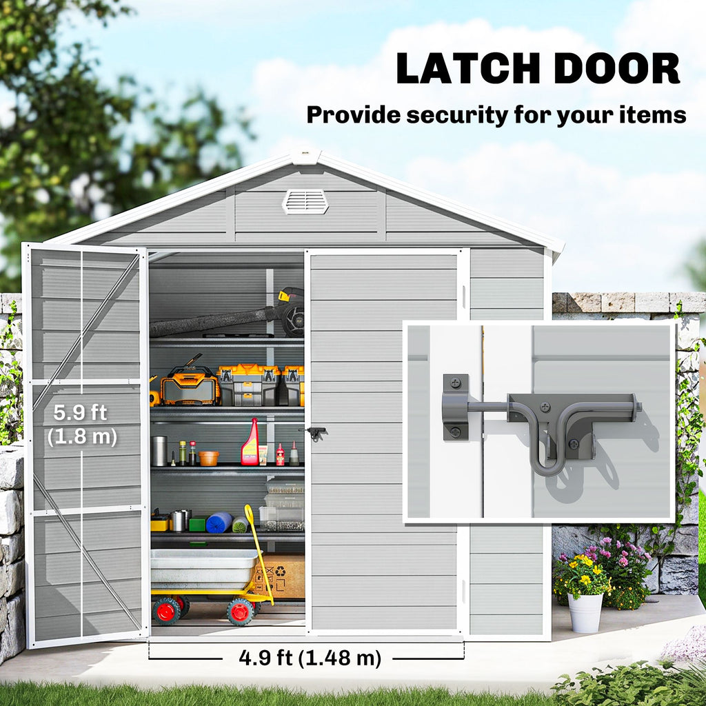 8' x 6' Plastic Garden Storage Shed with Latch Door, Vents, Sloped Roof, Light Grey