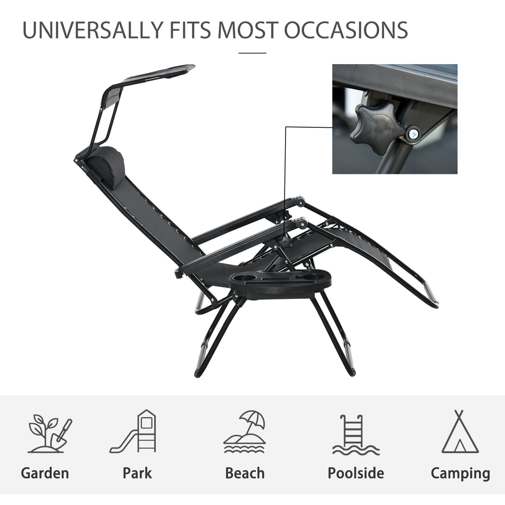 Outdoor Zero Gravity Reclining Lounger Chair with Canopy Shade, Side Tray, Cupholder, Black