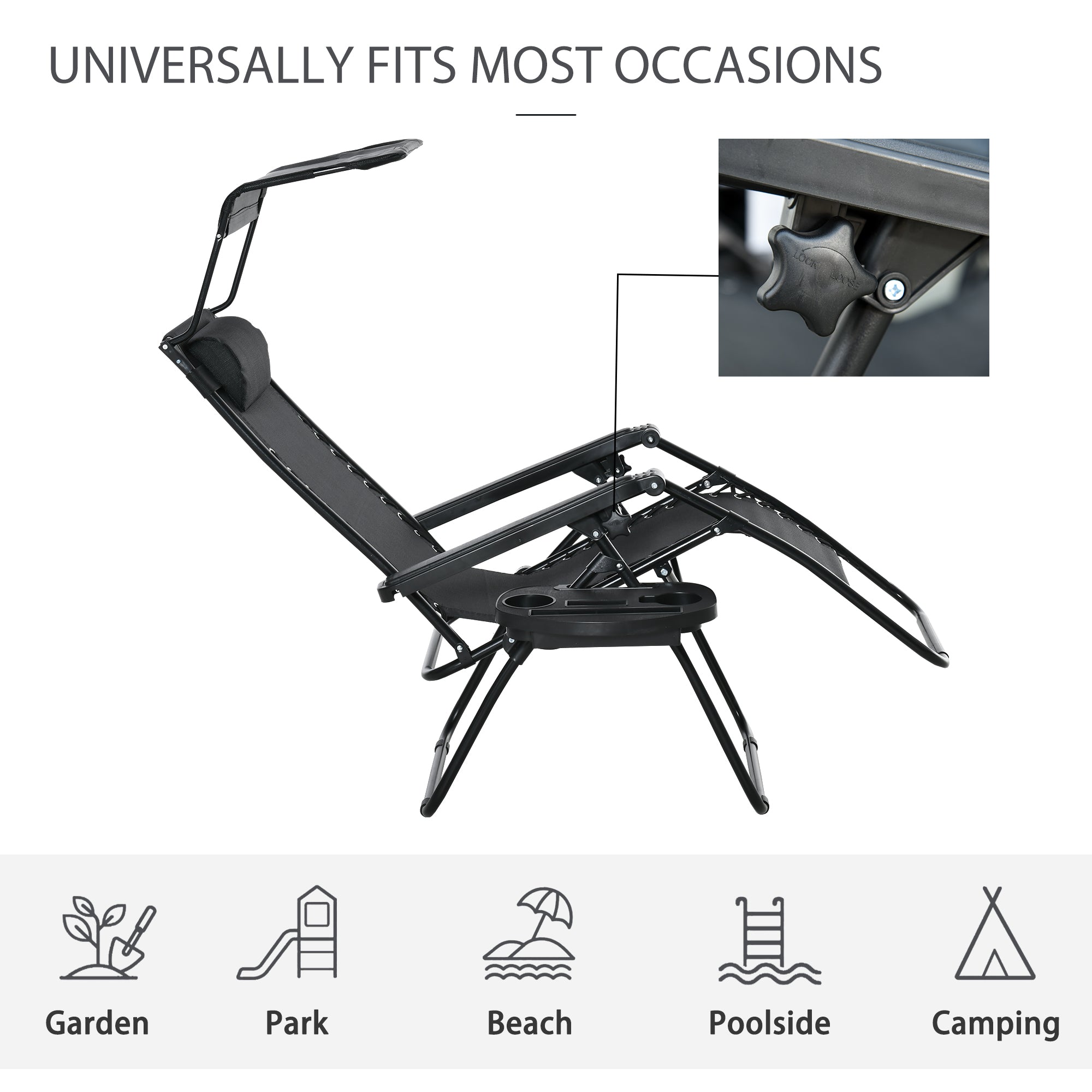 Outdoor Zero Gravity Reclining Lounger Chair with Canopy Shade, Side Tray, Cupholder, Black