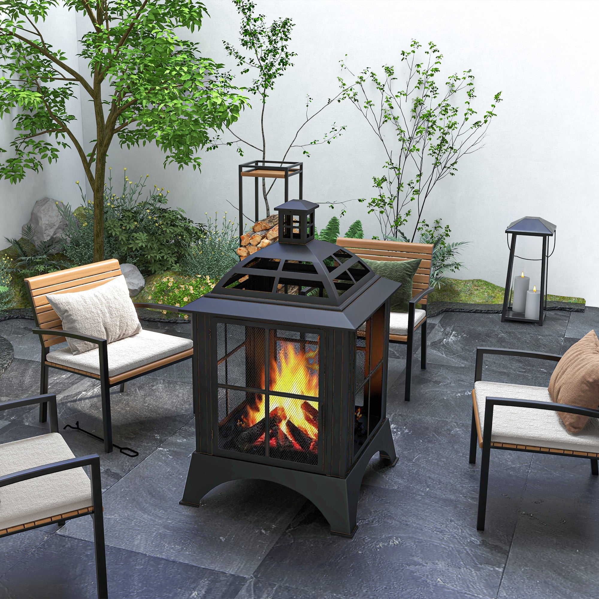 Wood-Burning Fire Pit, Chimney Style Firepit with Poker, 28" x 28", Black