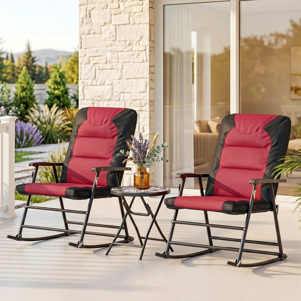 3pc Patio Foldable Rocking Chair Set, Outdoor Rocking Chairs and Table Set w/ Padded Seat, Headrest, Backrest for Backyard, Garden, Red