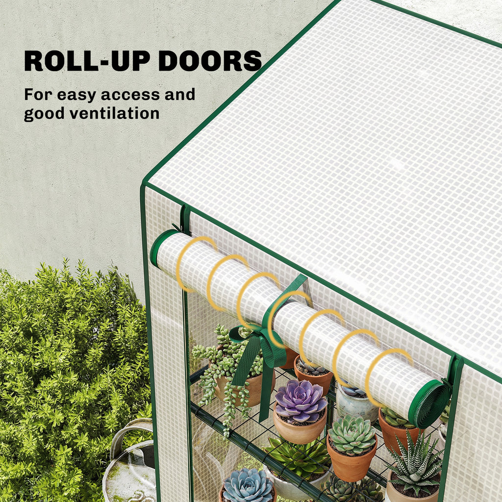 Portable Mini Greenhouse Green House with 3 Tier Shelves, Reinforced PE Cover, Roll-up Doors, 56.3"x18.1"x59.4", White