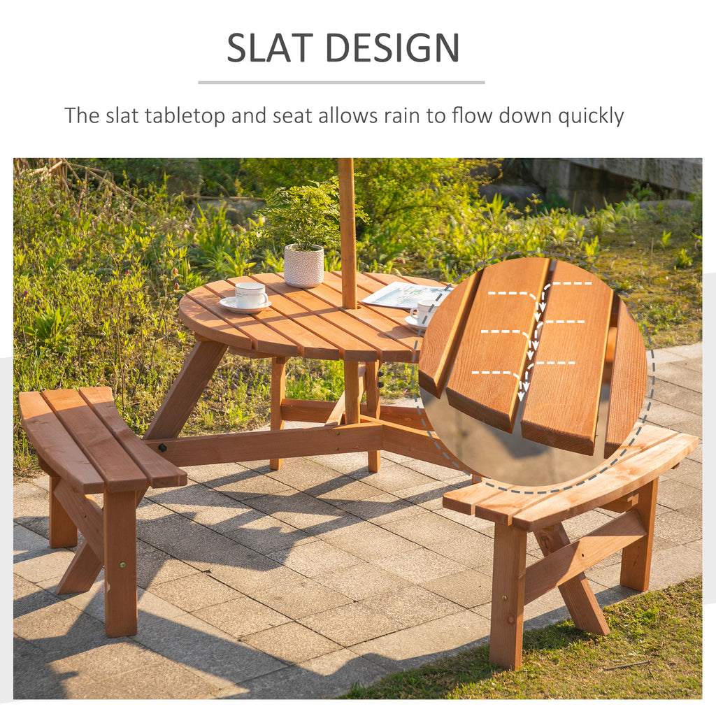 6 Person Round Picnic Table Bench Set with Umbrella Hole, Wood Patio Table with 3 Built-in Benches for Garden, Deck, Backyard, Brown
