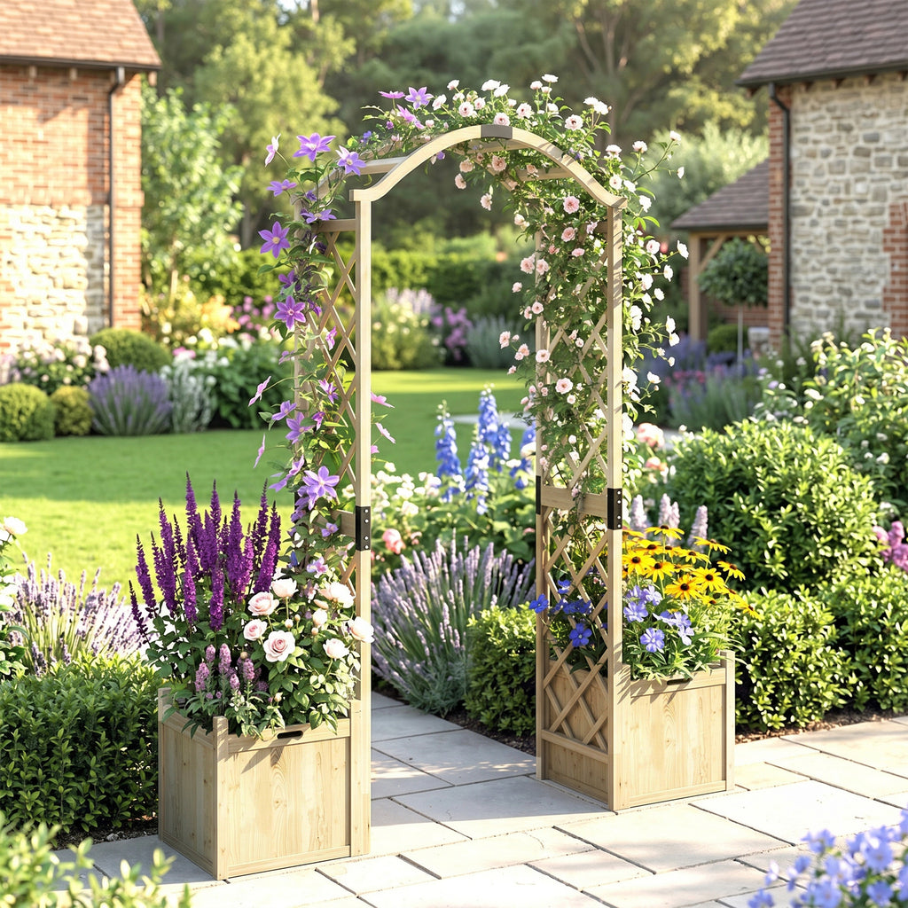 Wooden Garden Arch with 2 Planter Boxes, Arch Trellis for Climbing Plants, Decorative Arbor Archway, Natural Wood