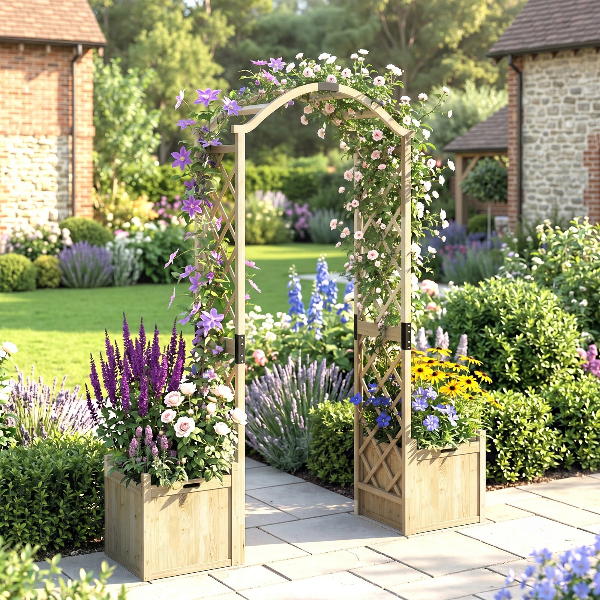 Wooden Garden Arch with 2 Planter Boxes, Arch Trellis for Climbing Plants, Decorative Arbor Archway, Natural Wood
