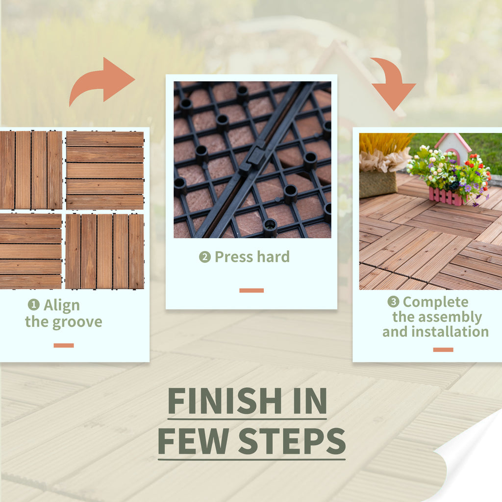 27 Pcs Wood Interlocking Deck Tiles, 12 x 12in Outdoor Flooring Tiles for Indoor and Outdoor Use, Tools Free Assembly, Brown