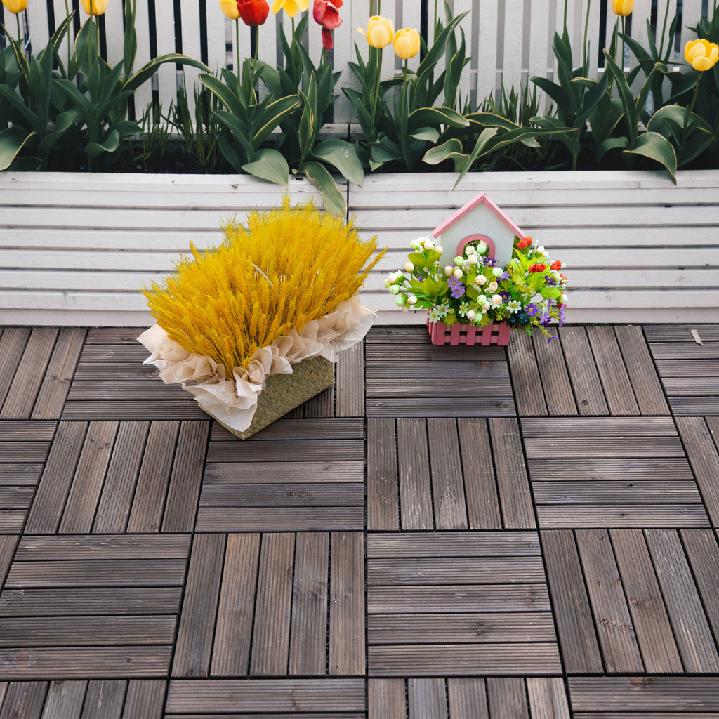 27 Pcs Wood Interlocking Deck Tiles, 12 x 12in Outdoor Flooring Tiles for Indoor and Outdoor Use, Tools Free Assembly, Black