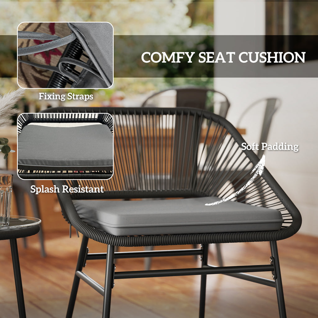 3 Piece Bistro Set, Wicker Outdoor Patio Furniture Set with Glass Top Table, Cushions for Balcony, Porch, Black