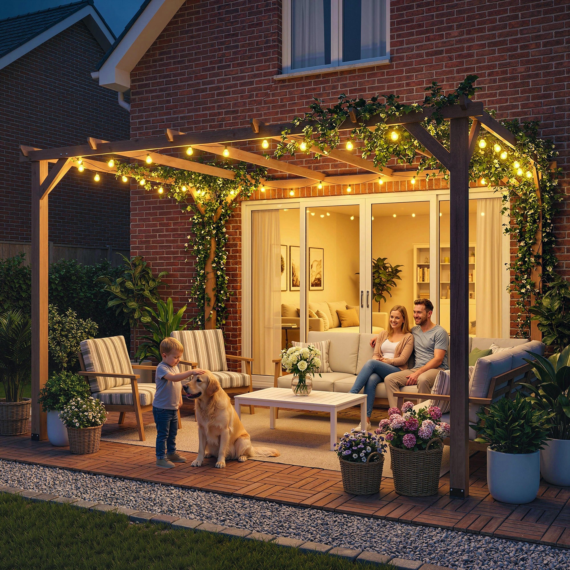 10' x 13' Wooden Pergola, Outdoor Pergola Gazebo Grape Trellis with Triangle Supports, Concrete Anchors, Nature Wood