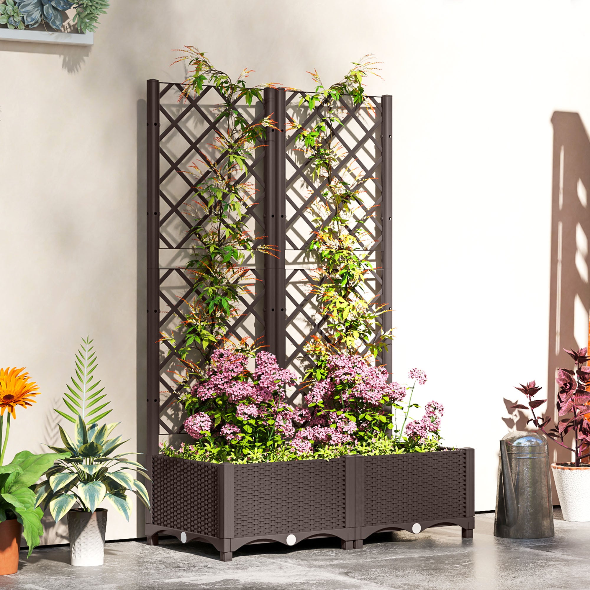 Raised Garden Bed with Trellis, Plastic Raised Flower Bed with Drainage Holes and Drain Plugs