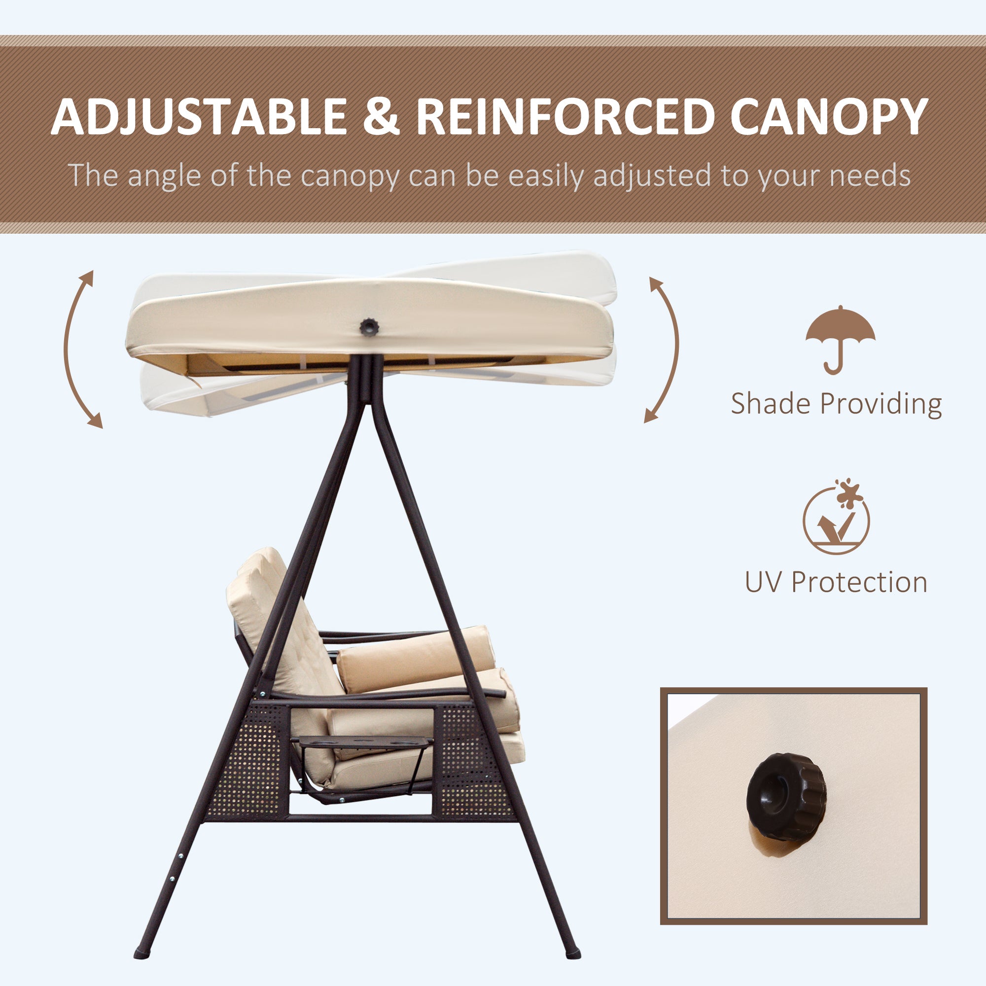 3 Seater Heavy Duty Swing Chair Outdoor Lounge Hammock Cushioned Seat W/ Tilt Canopy, Beige