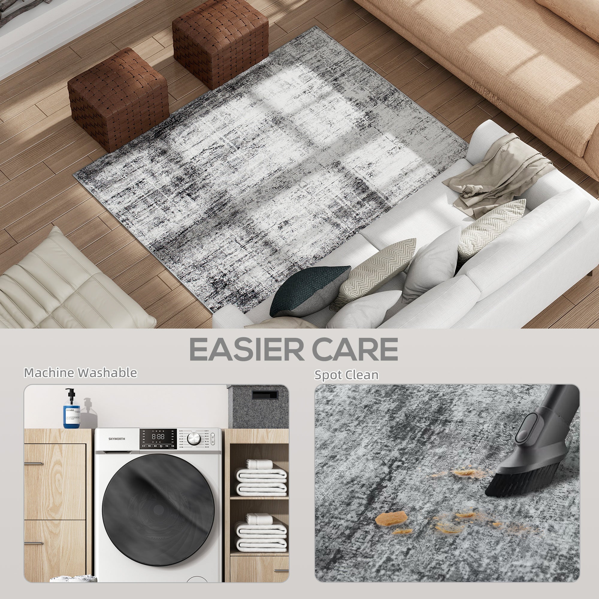 Area Rug for Living Room 5x7, Modern Abstract Machine Washable Rug, Non-Slip Carpet for Bedroom, Dining Room, Grey