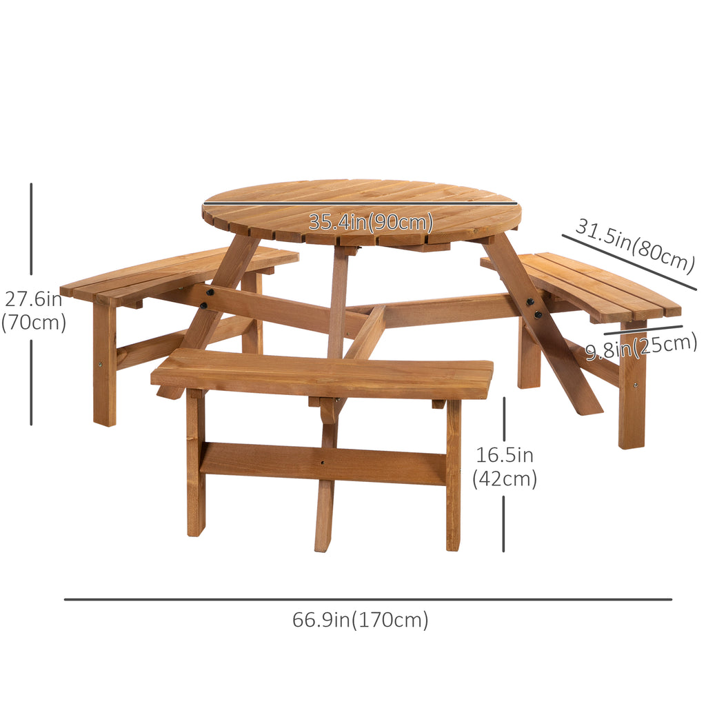 6 Person Round Picnic Table Bench Set with Umbrella Hole, Wood Patio Table with 3 Built-in Benches for Garden, Deck, Backyard, Brown