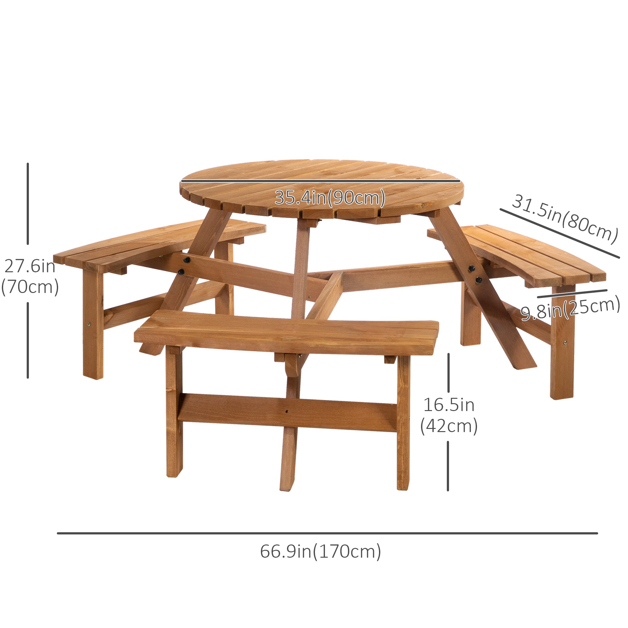 6 Person Round Picnic Table Bench Set with Umbrella Hole, Wood Patio Table with 3 Built-in Benches for Garden, Deck, Backyard, Brown