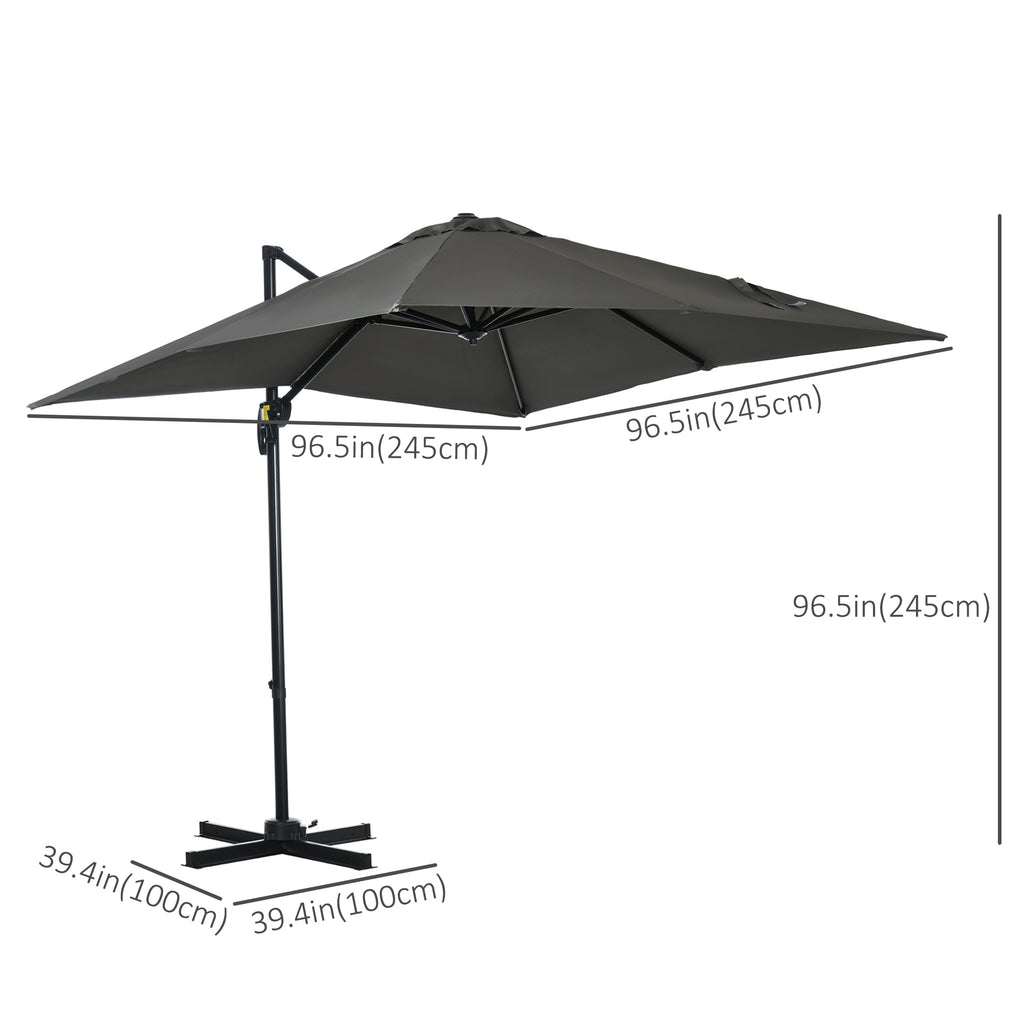 8' x 8' Square Patio Hanging Offset Umbrella with 360Â° Rotation, Aluminum Outdoor Cantilever Parasol with Crank & Tilt, Sun Canopy Shelter with Cross Base, Grey