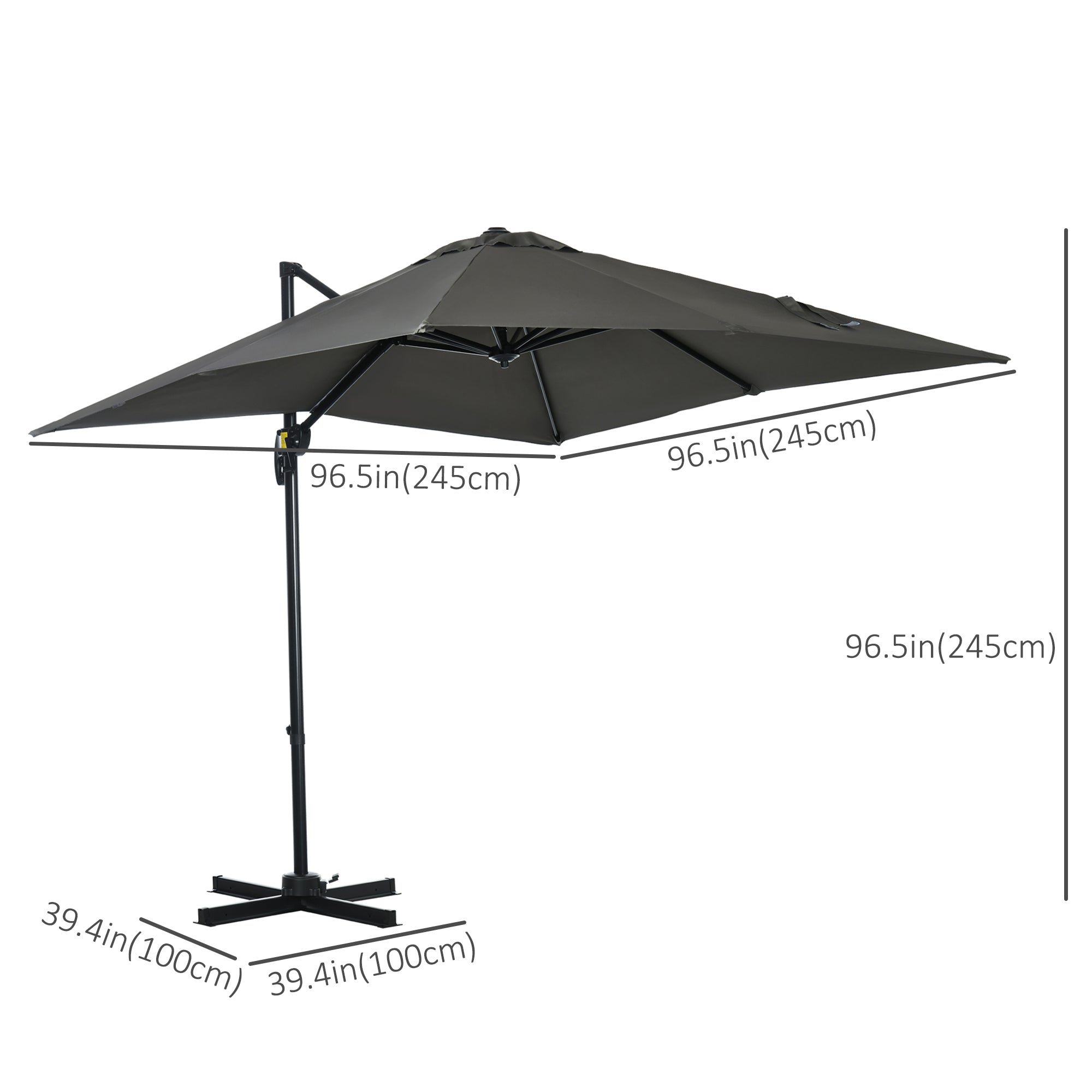 8' x 8' Square Patio Hanging Offset Umbrella with 360Â° Rotation, Aluminum Outdoor Cantilever Parasol with Crank & Tilt, Sun Canopy Shelter with Cross Base, Grey