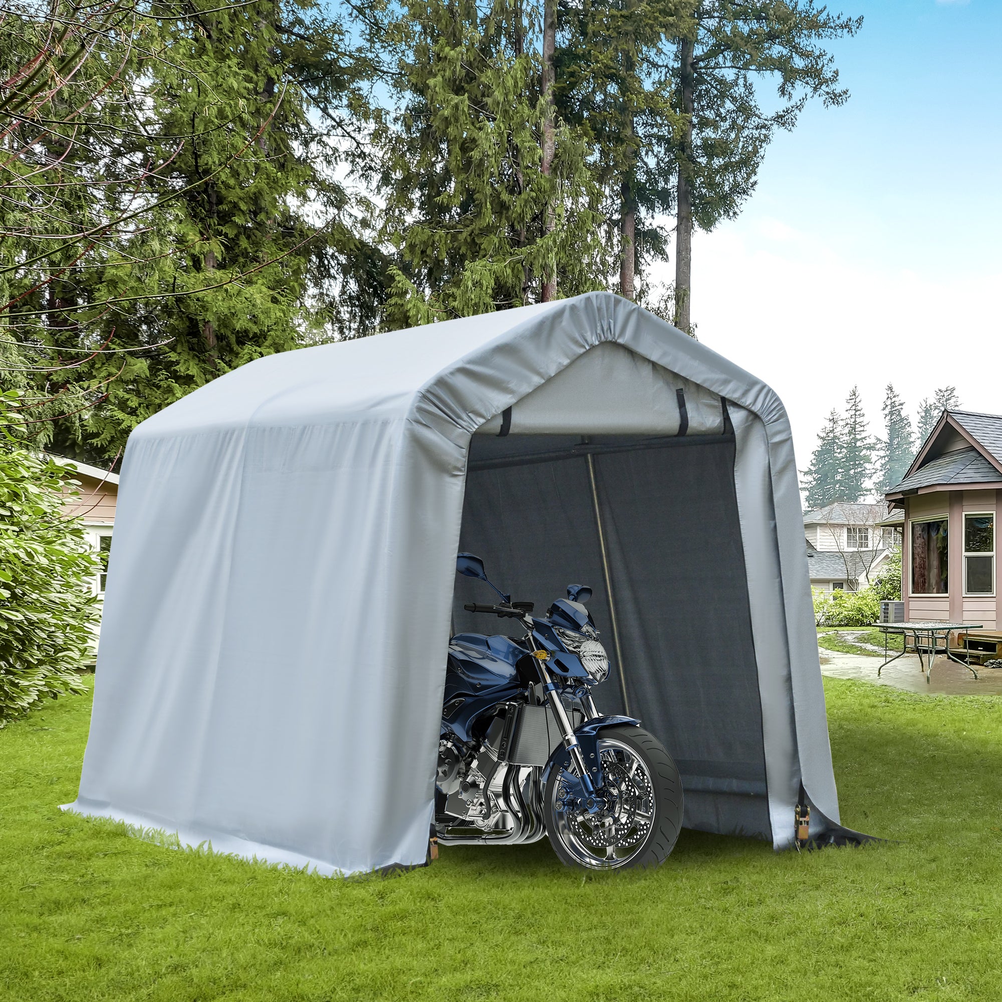 8' x 6' Carport with Sidewalls and Roll-up Door, Outdoor Storage Shelter for Motorcycle and Car, Grey