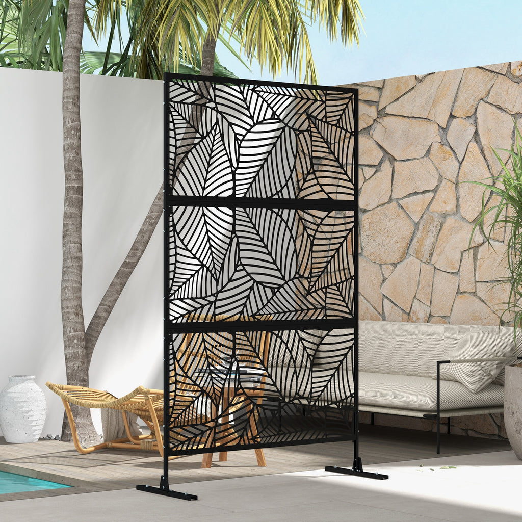 6.5FT Decorative Outdoor Divider, Metal Privacy Screen with Stand, Large Leaf Style, Black