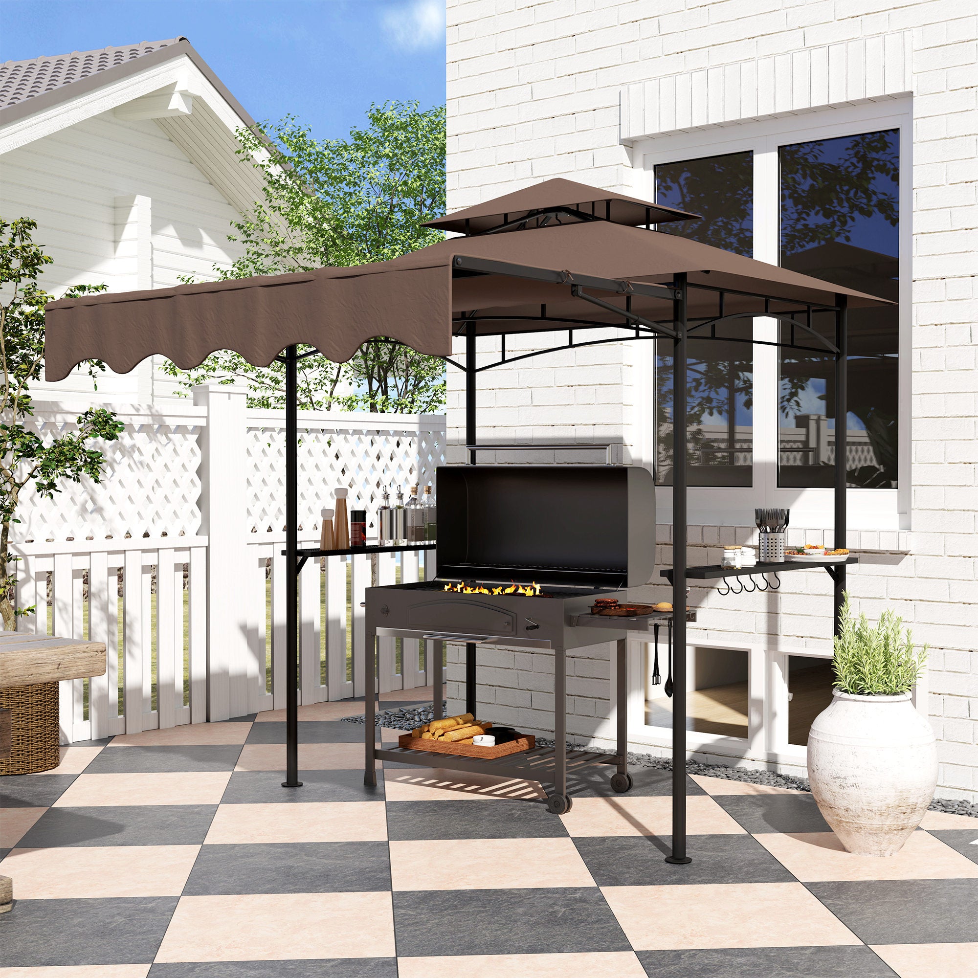 8' x 7.6' Grill Gazebo, Double Tiered Barbecue Grill Gazebo Shelter w/ Side Awning, 2 Side Shelves, 6 Hooks, Brown