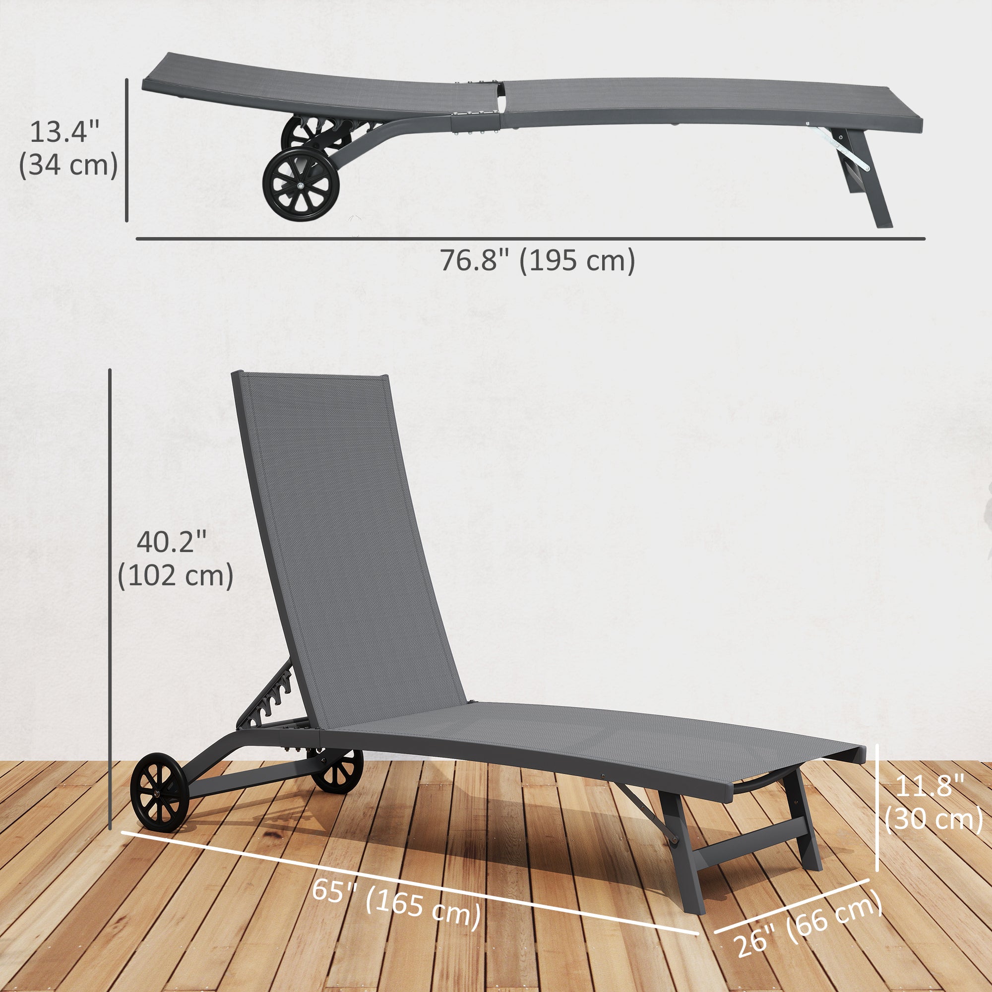 Outdoor Lounge Chair Set of 2, Tanning Chair with Wheels, Breathable Mesh for Patio, Backyard, Poolside, Dark Grey