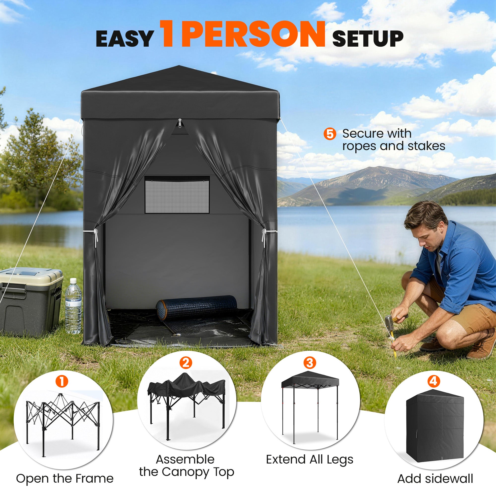 5 x 5 ft Compact Pop Up Canopy Tent, UPF 50+ Changing Room, Portable Instant Privacy Canopy with Mesh Window, Black