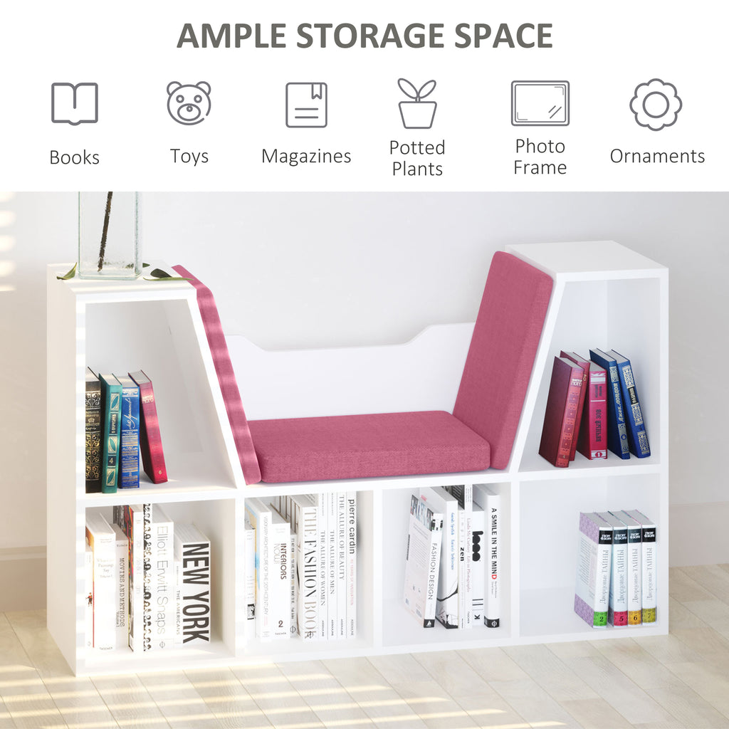 6-Cubby Bookcase with Seat Cushion, Cube Storage Shelf with Reading Nook for Home Office, Study, Pink
