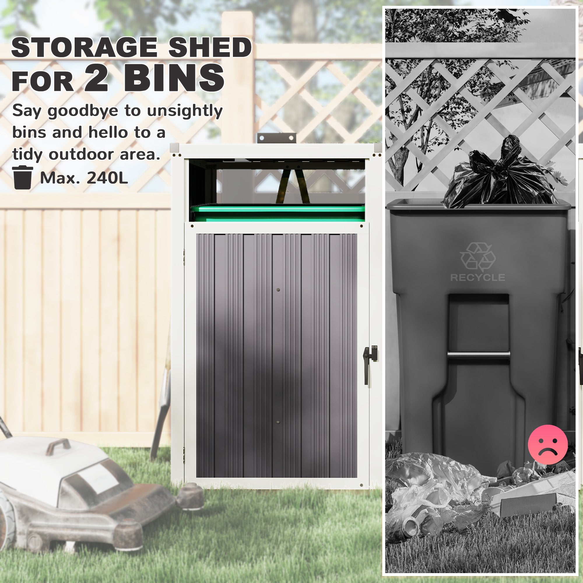 Double Garbage Bin Shed, Lockable Outdoor Storage Shed with Openable Lid, Galvanized Frame for Garden Patio, Dark Grey
