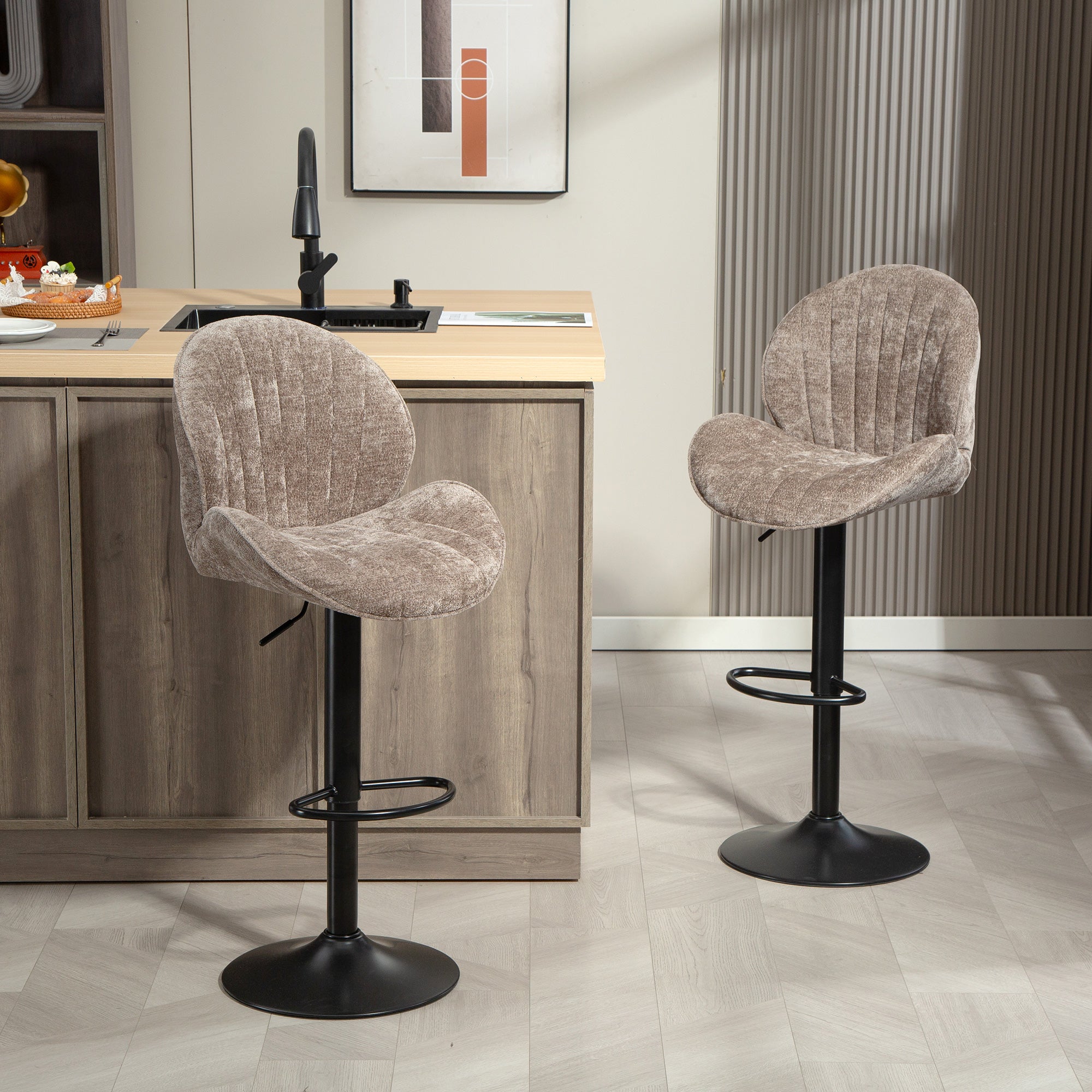 Bar Stools Set of 2, Swivel Barstools with Back, Adjustable Height and Footrest for Kitchen Island, Dining Room, Brown