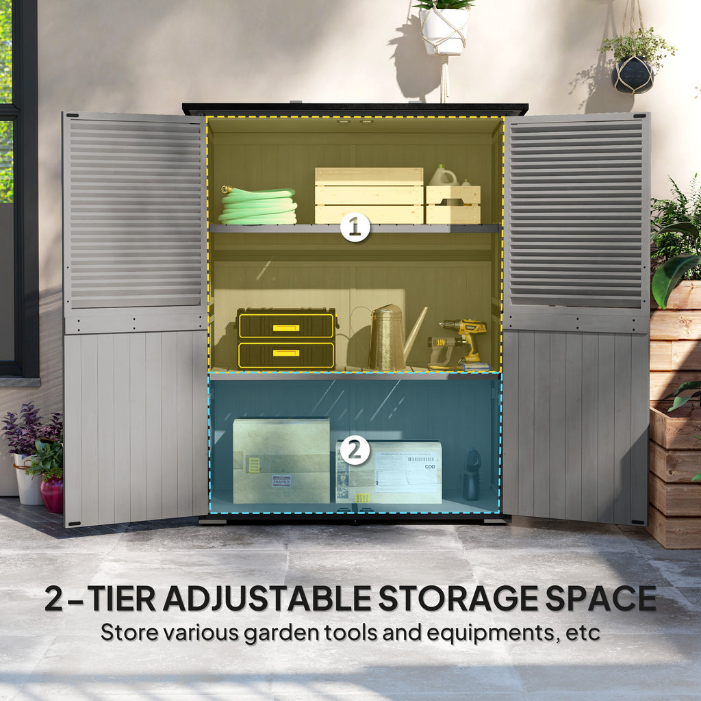 Outdoor Storage Cabinet, Wood Garden Shed with Steel Frame, Asphalt Roof, 2 Shelves and Lockable Doors, Grey