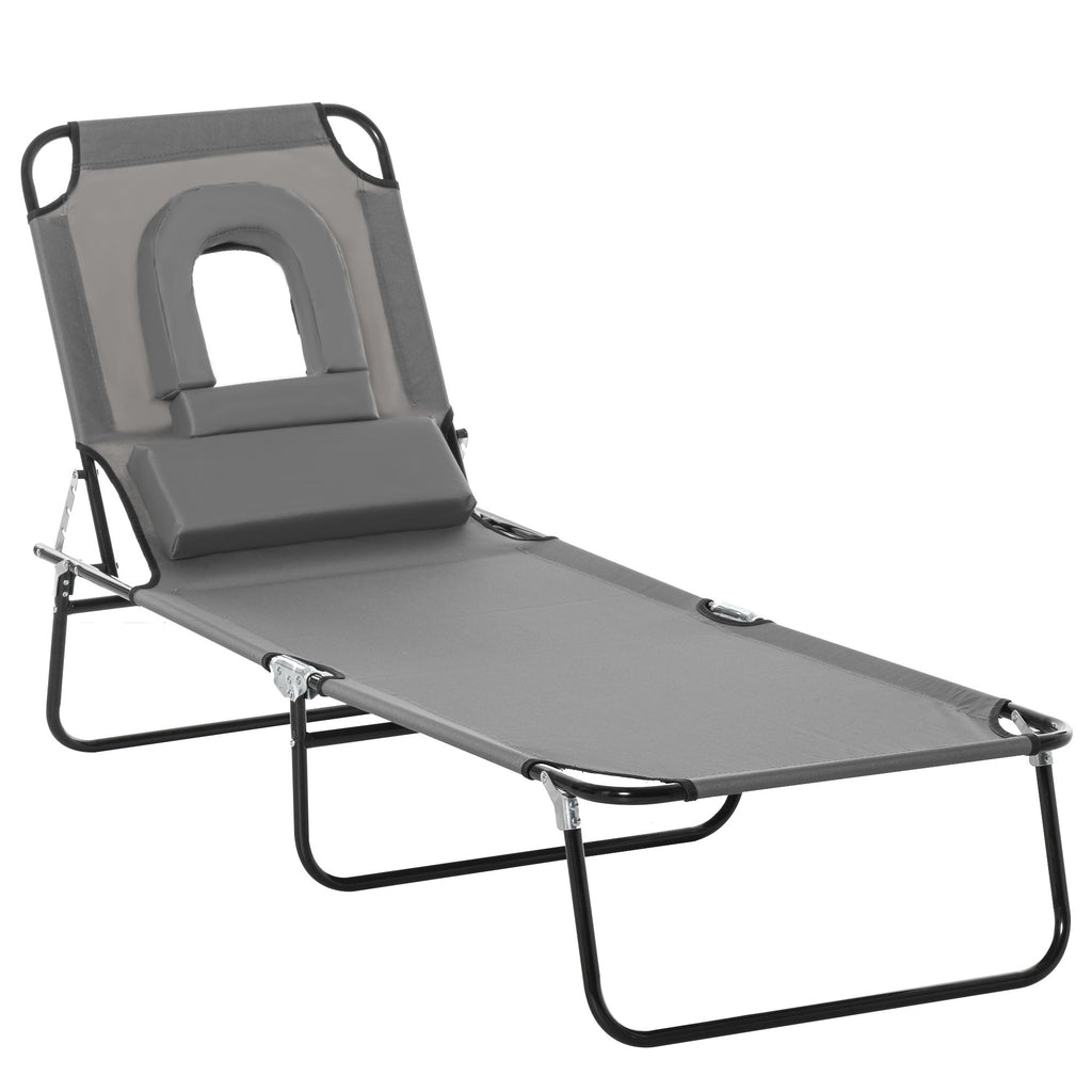 Adjustable Outdoor Lounge Chair, Garden Folding Chaise Lounge with Face Hole Reclining Tanning Chair Seat, Folding Camping Beach Lounging Bed w/ Support Pillow, Grey