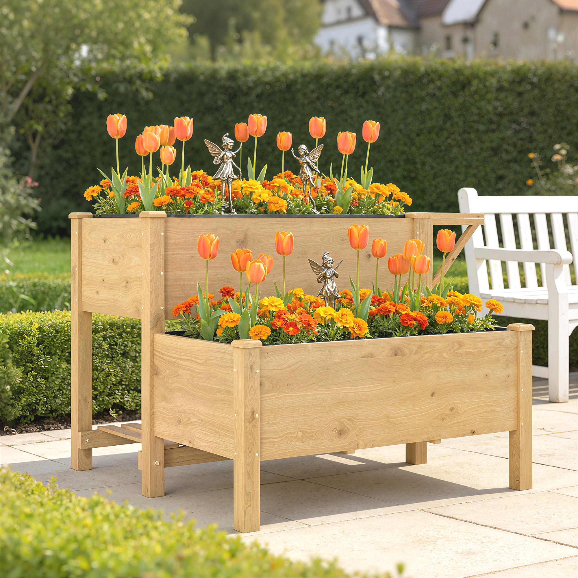 Wooden Raised Garden Bed, 2-Tier Raised Planter with Storage Shelf, Side Board, Drainage Holes and Liner