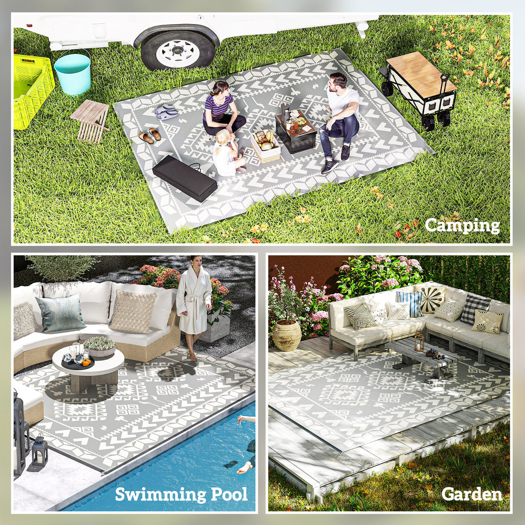 9' x 12' Outdoor RV Rug, Reversible Patio Floor Mat with Carry Bag, Rhombus Patchwork, Grey and White