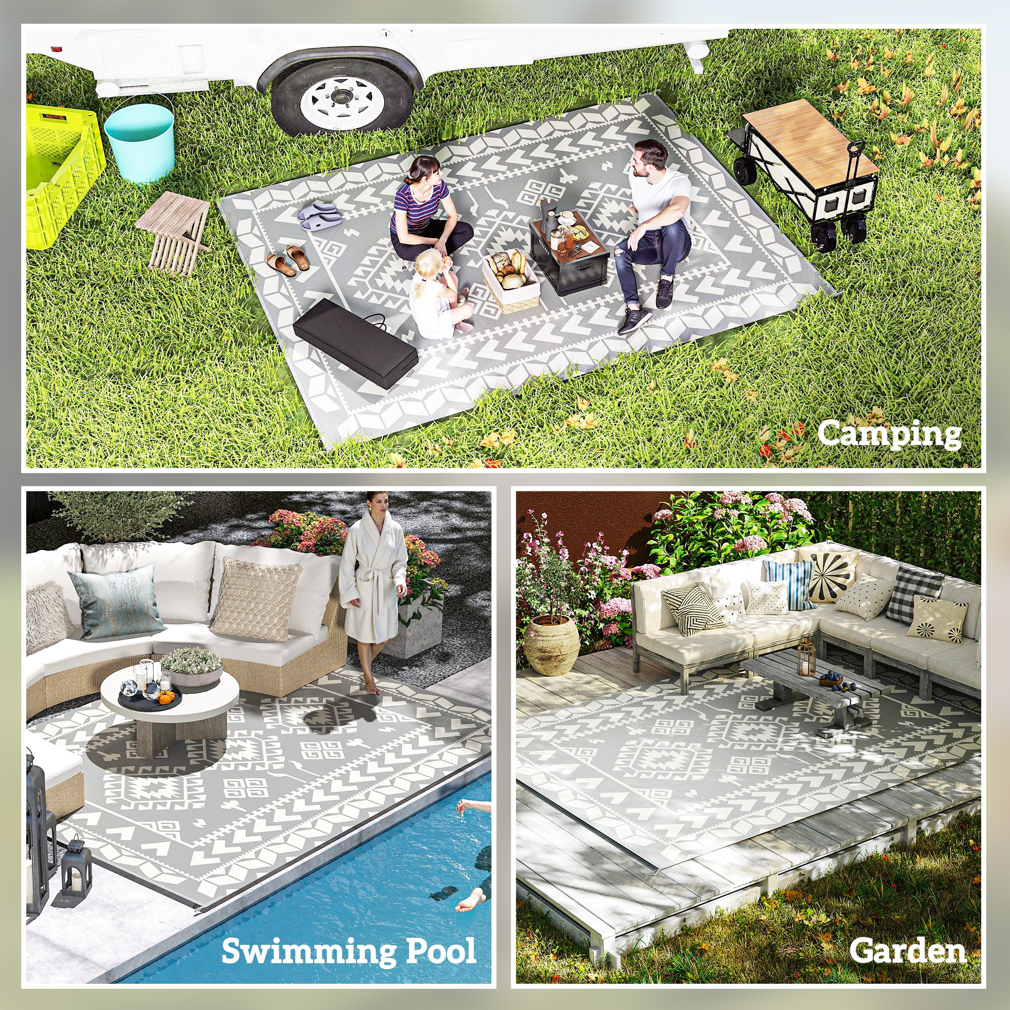 9' x 12' Outdoor RV Rug, Reversible Patio Floor Mat with Carry Bag, Rhombus Patchwork, Grey and White