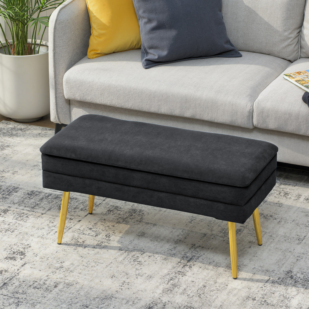 31" Storage Ottoman, Velvet End of Bed Bench with Steel Legs, Foot Stool with Storage for Bedroom, Living Room, Black