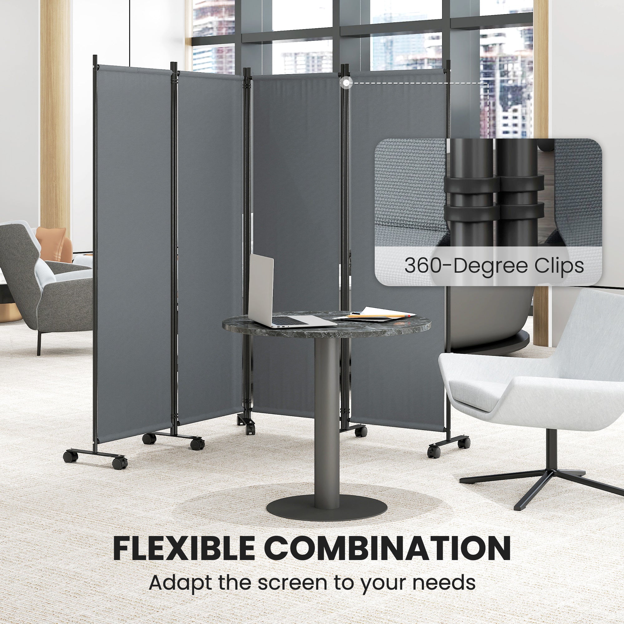 Folding Room Divider with Castor Wheels, Rolling Privacy Screen for Home Office Bedroom, 5.6ft Tall