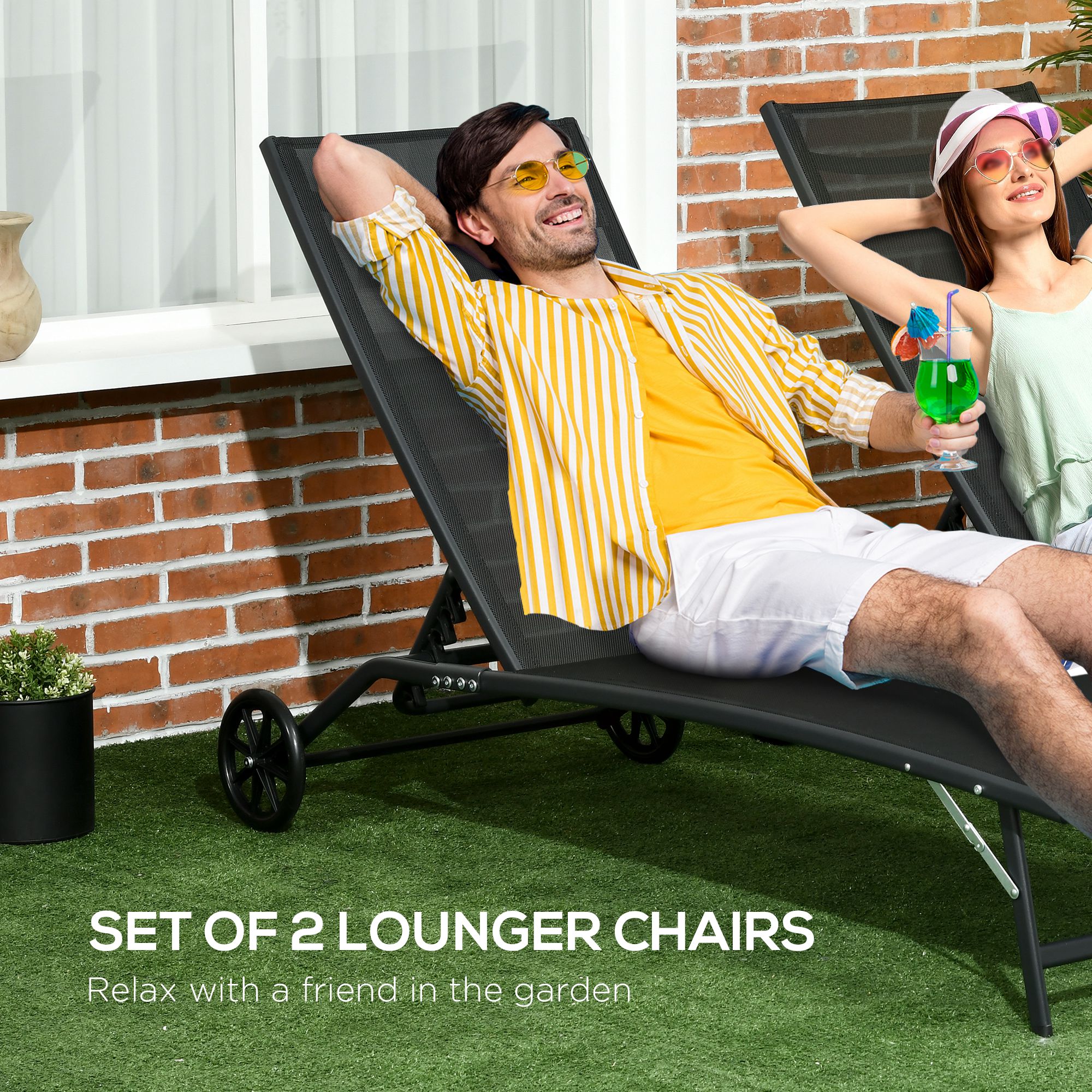 2PCs Lounge Chairs with Wheels, 5-Level Adjustable Backrest for Garden, Backyard, Patio, Deck, Poolside, White