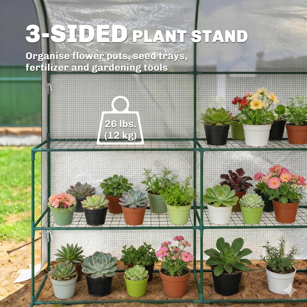 Walk-in Mini Greenhouse with Shelves, Portable Outdoor Greenhouse with Roll-up Door, 123 x 187 x 189 cm, White