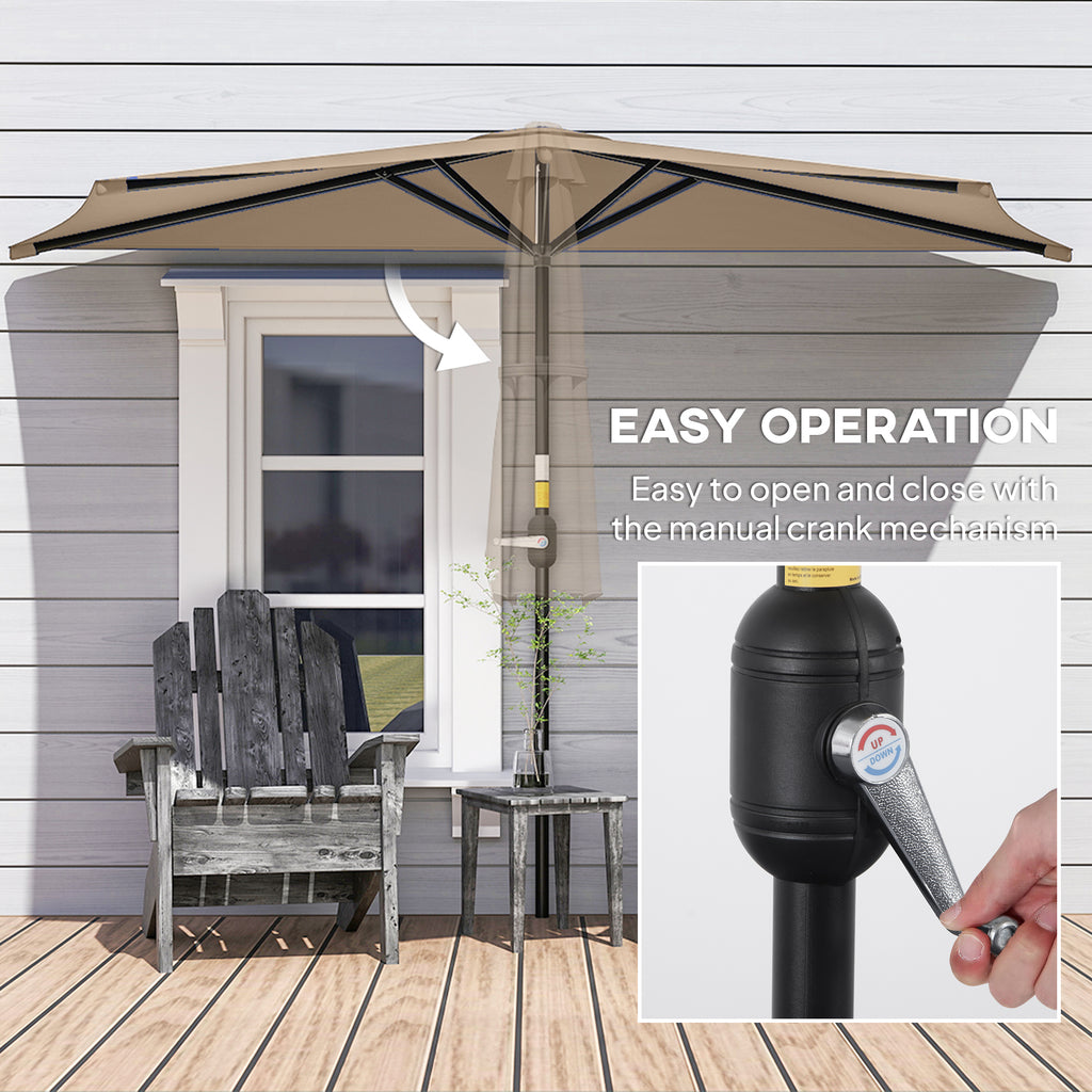 9.8ft Half Umbrella Semi Round Patio Parasol with Crank Handle, Top Vent for Garden, Balcony- NO BASE INCLUDED, Coffee