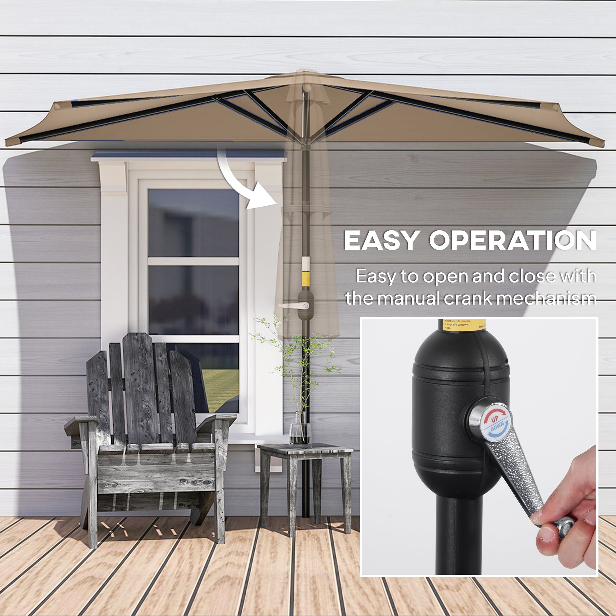 9.8ft Half Umbrella Semi Round Patio Parasol with Crank Handle, Top Vent for Garden, Balcony- NO BASE INCLUDED, Coffee
