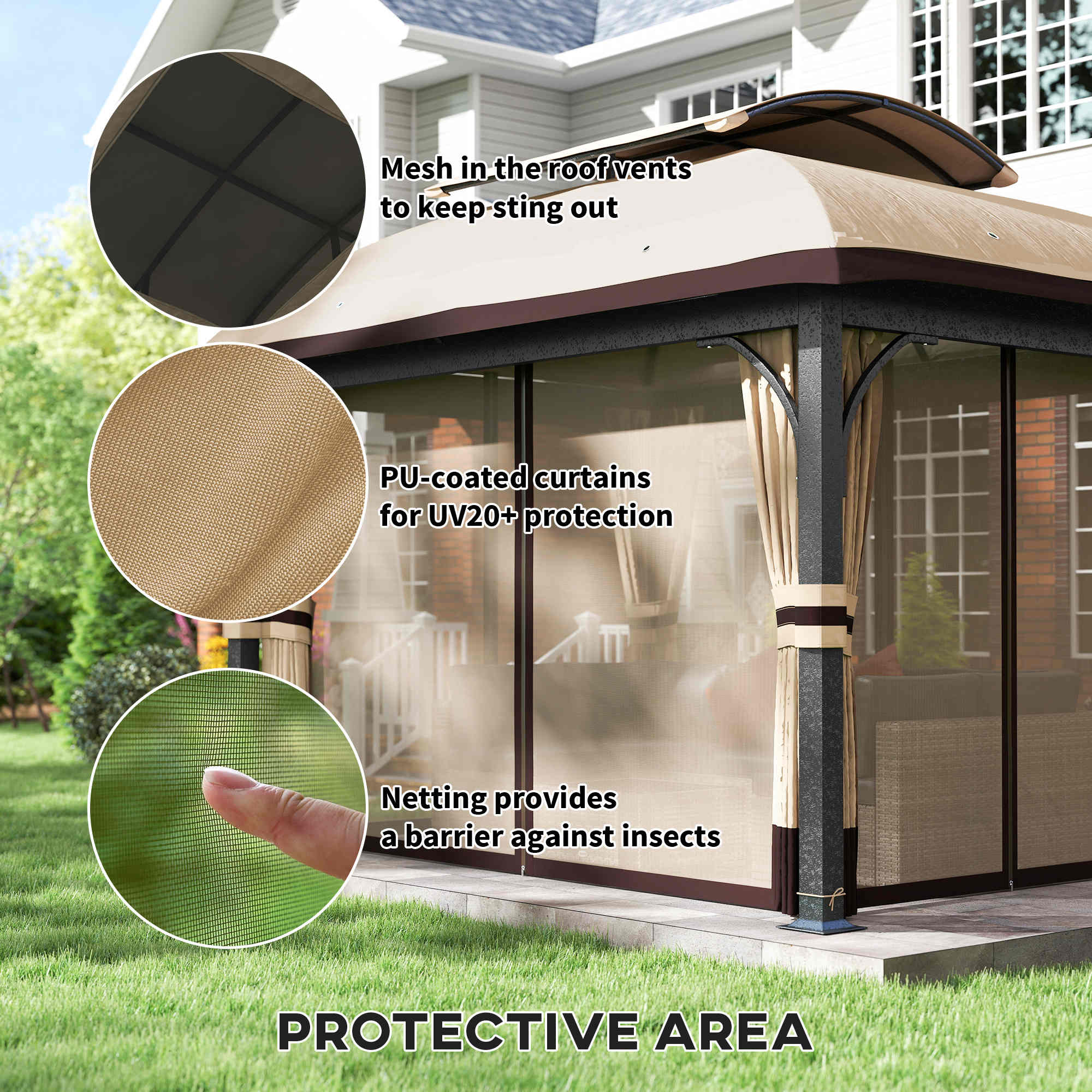 11'Â xÂ 13' Patio Gazebo, Double Roof Outdoor Gazebo Canopy with Netting & Curtains, Galvanized Metal Frame, Khaki