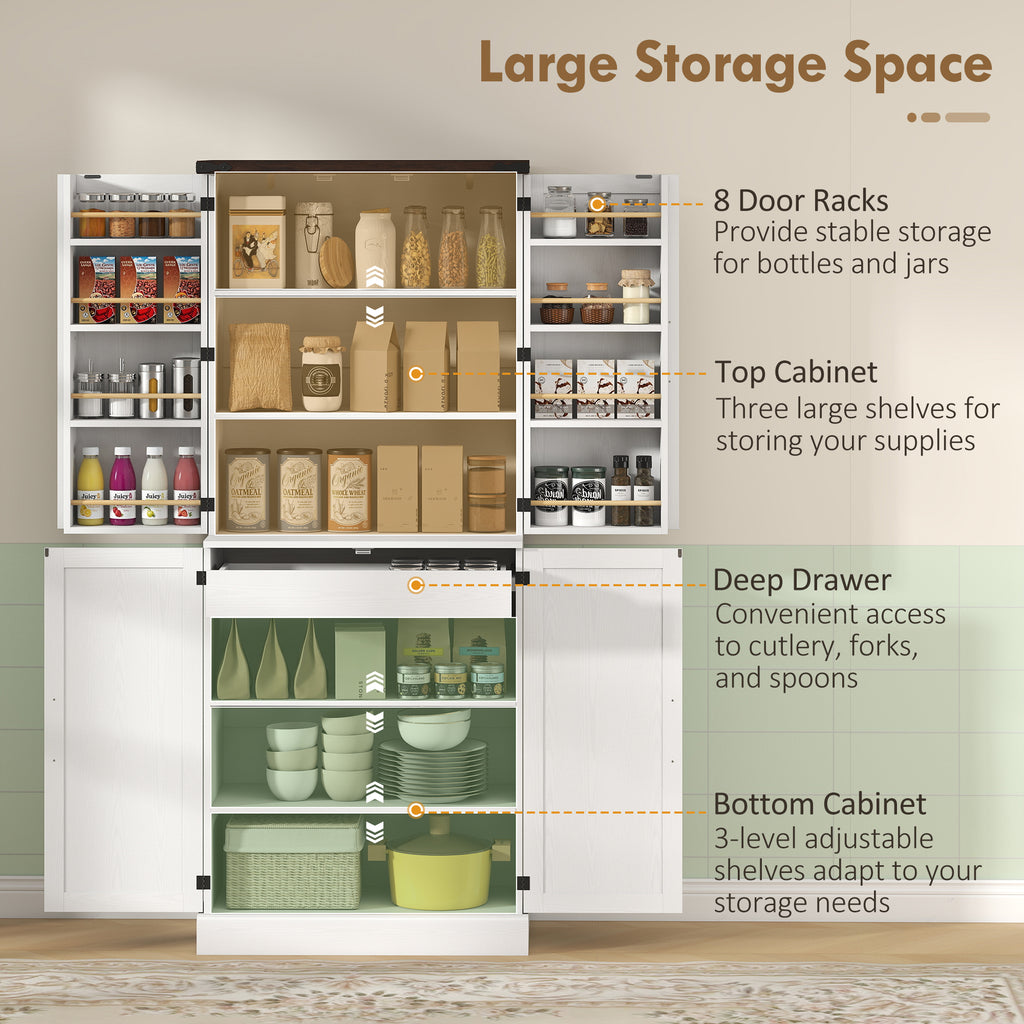 72" Tall Kitchen Pantry Cabinet, Farmhouse Storage Cabinet with 8 Door Racks and Adjustable Shelves, White