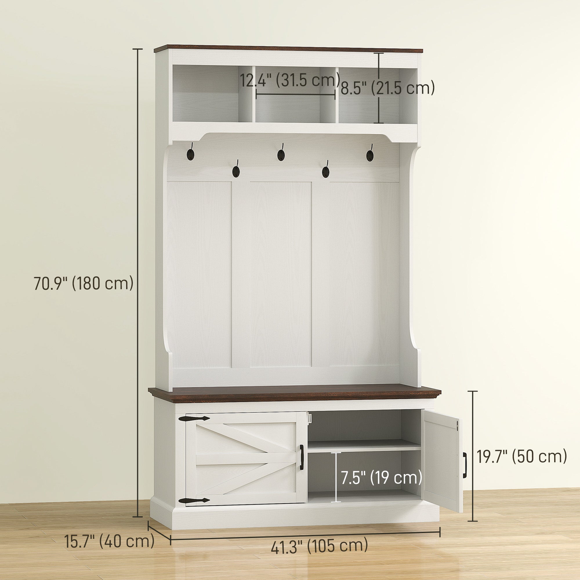 3-in-1 Hall Tree with Bench, Coat Rack with Shoe Storage, White Wood Grain