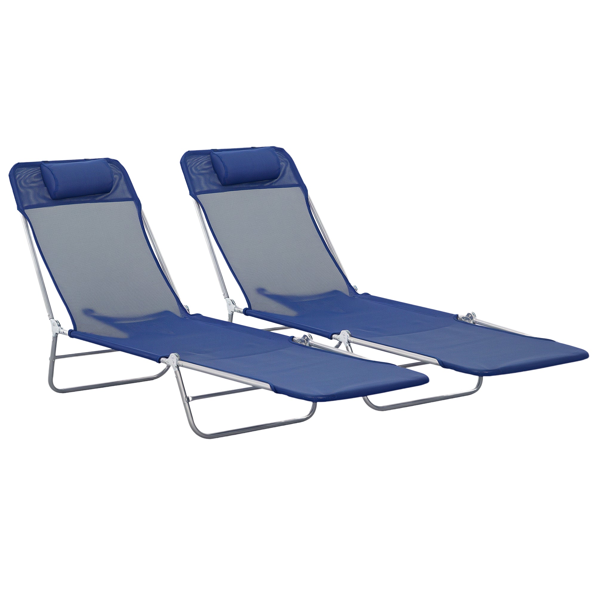 Set of 2 Folding Chaise Lounge Chairs, Outdoor Poolside Sun Tanning Chairs w/ Pillow, Reclining Backrest, Dark Blue