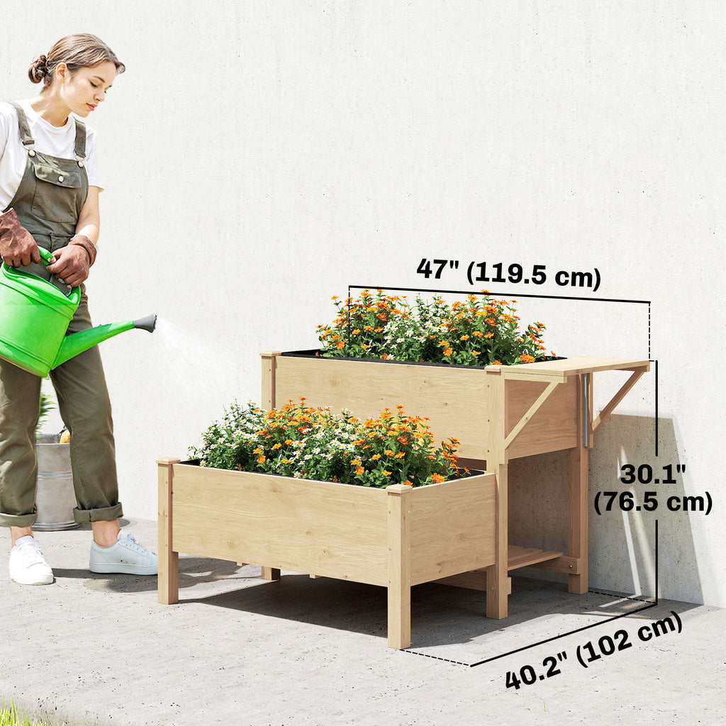 Wooden Raised Garden Bed, 2-Tier Raised Planter with Storage Shelf, Side Board, Drainage Holes and Liner