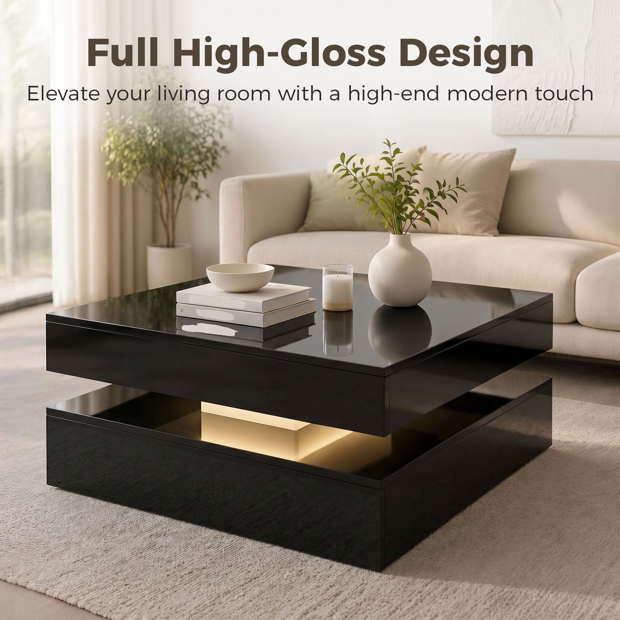 LED Coffee Table with Storage, 2-Tier Modern Center Table with Open Shelf and Remote for Living Room, High Gloss Black