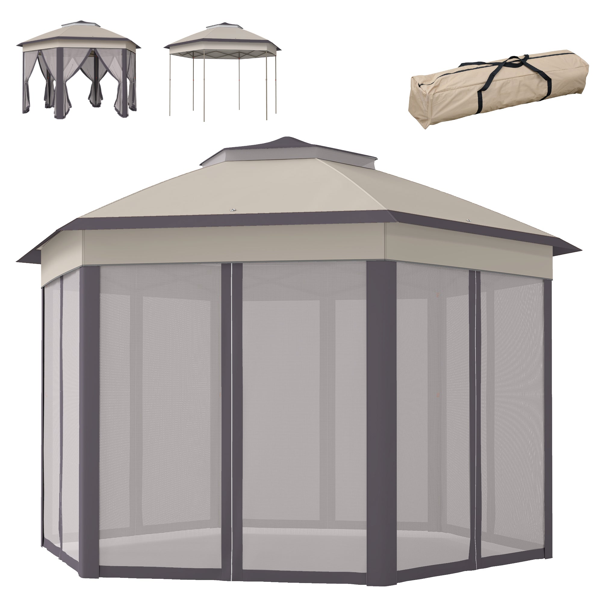 13' x 13' Pop Up Canopy Tent with Netting and Carry Bag, Instant Sun Shelter, Coffee and Beige