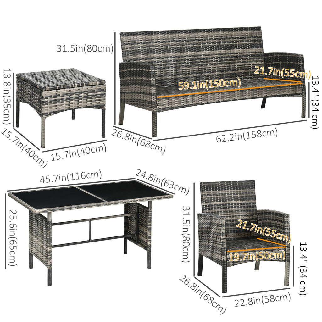 6-Piece Outdoor Patio Furniture Set with Chairs, Ottomans, Sofa, Glass Top Coffee Table and Cushions, Wicker Rattan Conversation Set for Backyard and Porch, Grey